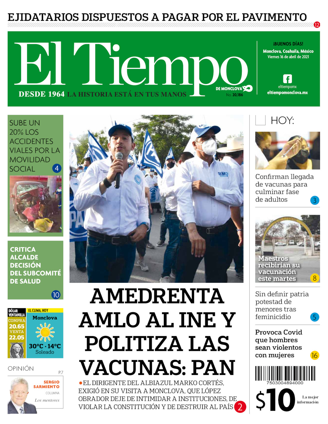 Archivo, Periódico El Tiempo De Monclova. Sábado 17 De Abril De 2021